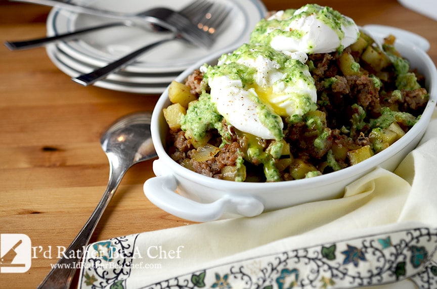 paleo sweet potato hash recipe with poached eggs and a fresh tomatillo, parsley & chive salsa!