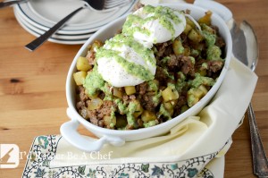 paleo sweet potato hash recipe with poached eggs and a fresh tomatillo, parsley & chive salsa!