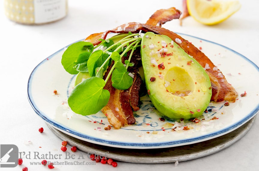 The perfect bacon avocado salad with whole, peeled avocado, thick cut bacon, lemon juice, avocado oil and more!