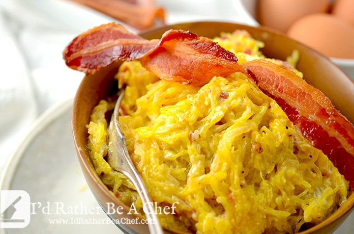 A perfect bacon carbonara recipe made with goat cheese, spaghetti squash and caramelized onions!