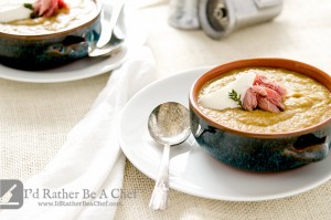 Warm up to this easy split pea soup recipe with delicious smoked ham, onions, shallots and garlic. So good. So easy. Give it a try today!