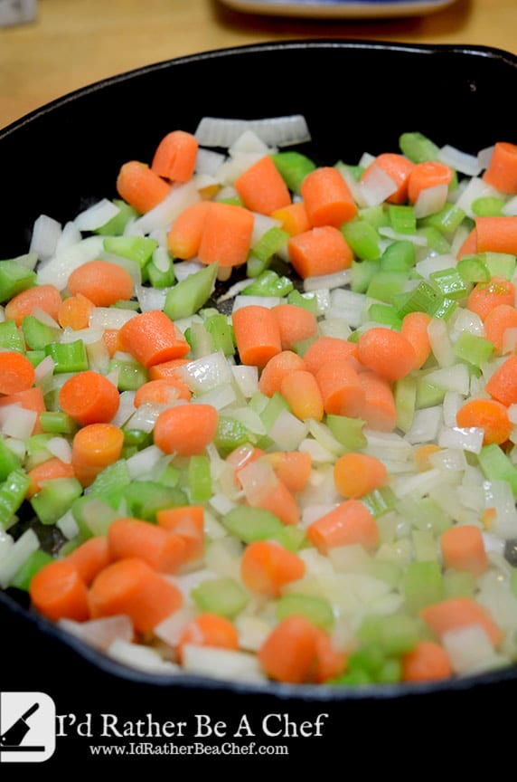A quick mirepoix is added to the homemade chicken soup recipe for wonderful flavor and texture.