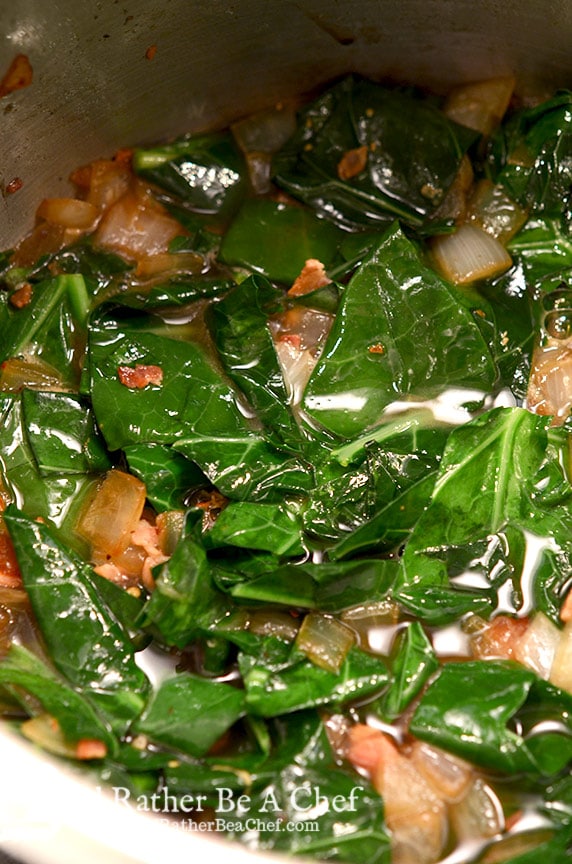 The key to good southern collard greens is to simmer them with lots of love, bacon and garlic. Slow and low is the name of the game for delicious collard greens.