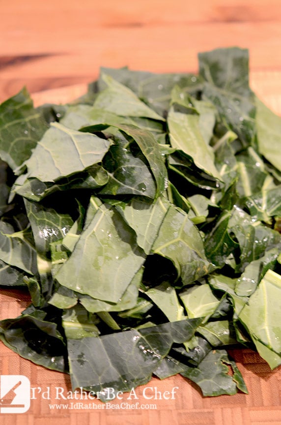 We want a rustic feel to these southern collard greens, so keep the collards cut into about 1 inch by 3 inch strips.