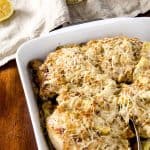 A creamy lemon artichoke chicken baked with parmesan cheese on top. It is so fresh and delicious I almost can't stand it.