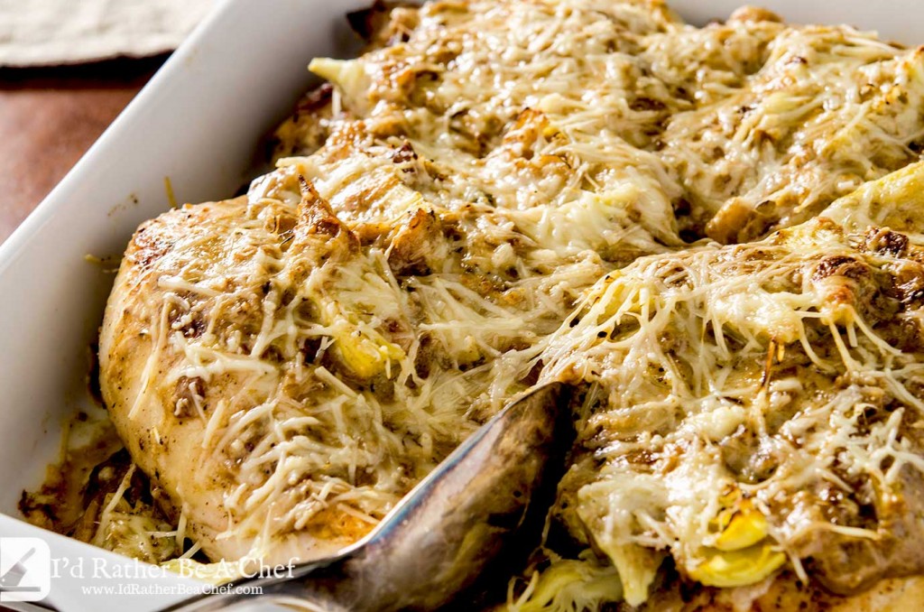 This baked lemon artichoke chicken dish is chock full of goodness with a creamy onion and sherry sauce that marries perfectly with the crisp artichoke hearts and juicy chicken.