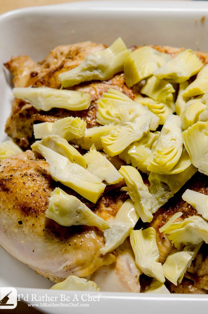 These beautiful quartered artichoke hearts add lightness and zip to this lemon artichoke chicken bake. They just taste so good with the creamy sauce.