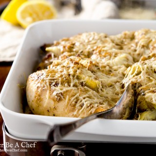 A creamy lemon artichoke chicken baked with parmesan cheese on top. It is so fresh and delicious I almost can't stand it.