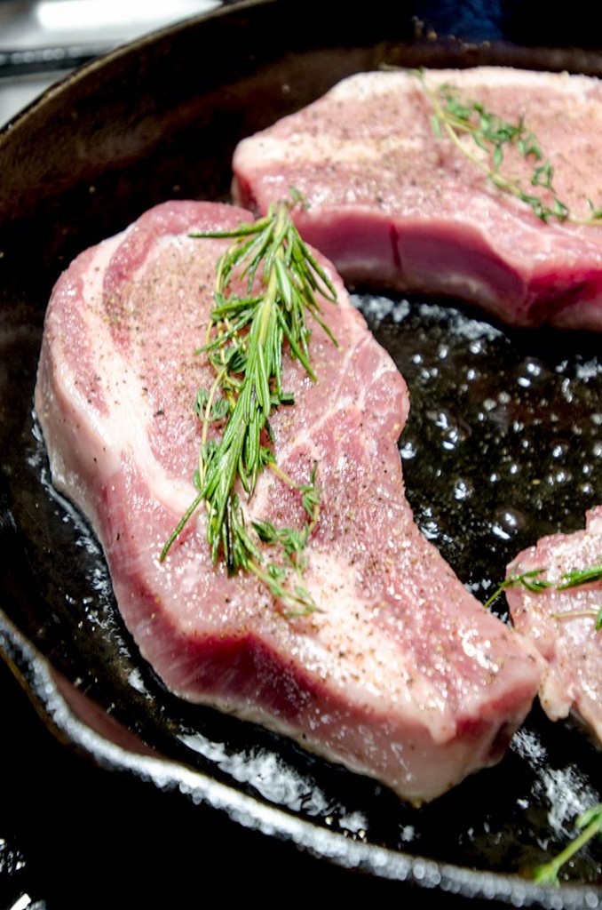 Seasoning these pan seared pork chops is simple: salt and pepper only. The herbs will provide plenty of flavor!