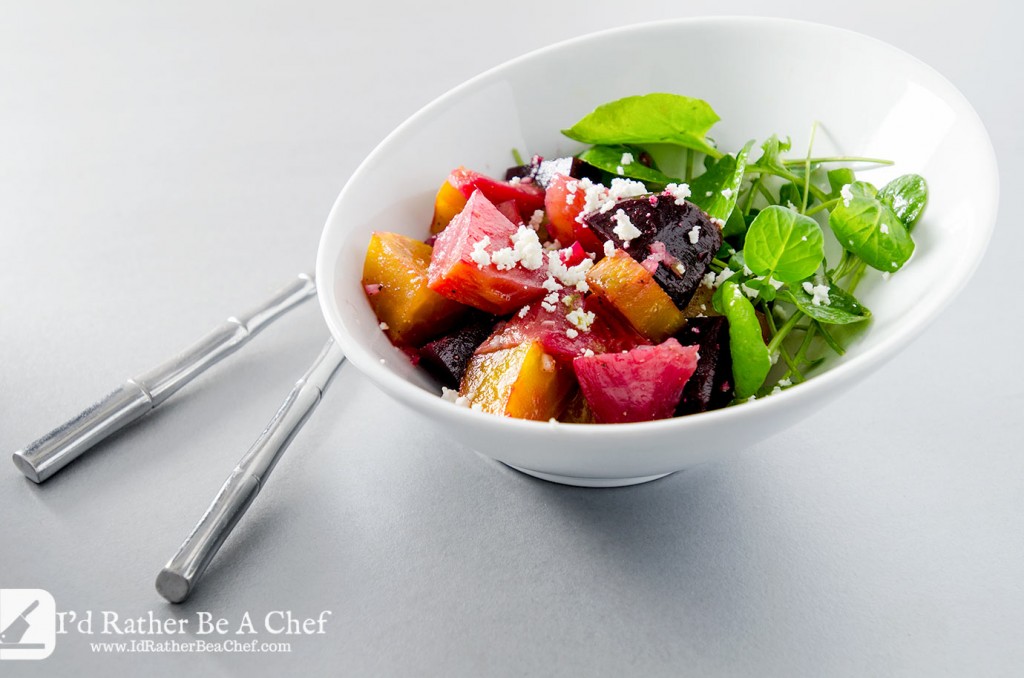 A perfectly balanced roasted beet salad with goat cheese, shallots, classic dijon vinaigrette and crisp watercress.