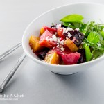 A perfectly balanced roasted beet salad with goat cheese, shallots, classic dijon vinaigrette and crisp watercress.