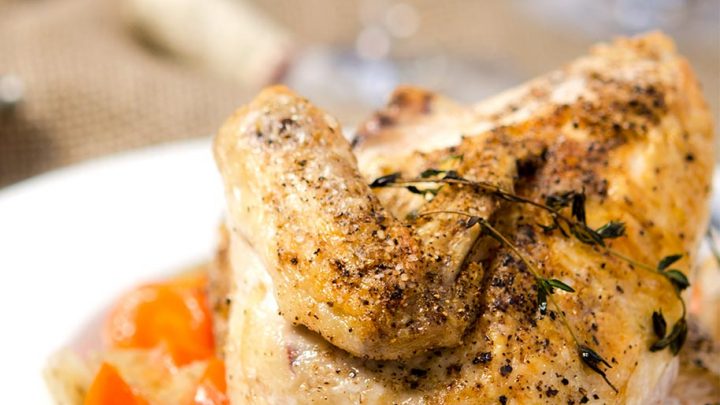 Look at the crispy skin on this roasted chicken and vegetables recipe. Just delicious with the fresh thyme, carrots and onions. Outstandingly simple and super tasty.