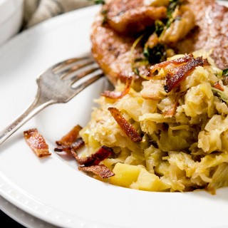 A wonderful sauteed cabbage side dish with bacon, onions and apples. Perfect pairing with a thick cut pork chop.