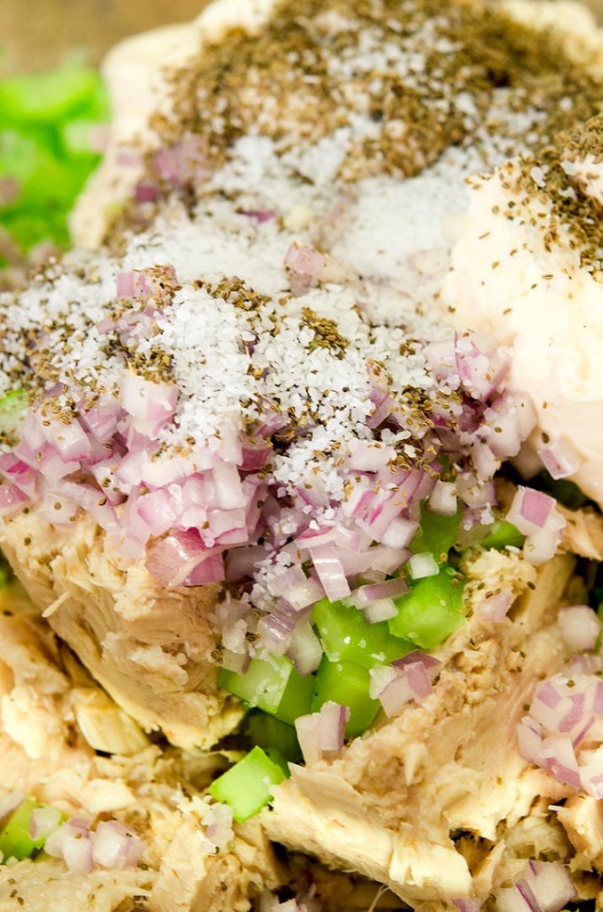 A low carb tuna salad with celery, shallot, mayo and spices. Delicious for lunch, dinner or a snack.