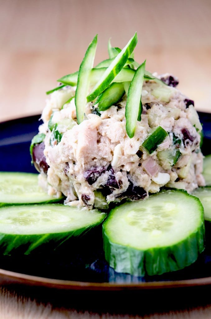 I like to scoop this tuna salad recipe right off the plate with the cucumber slices. The mediterranean flavors just compliment the tuna perfectly.