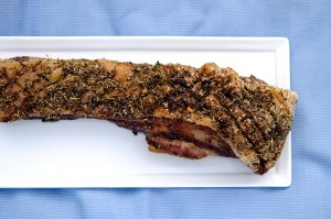 This crispy pork belly recipe gets serious flavor from herbs de provence and a little duck fat. Yummy.