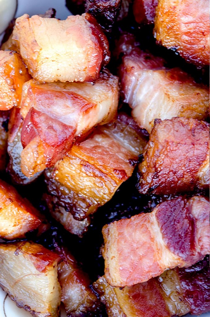 When you slow cook the lardon, the fat renders leaving delicious, crisp yet tender bacon bites.