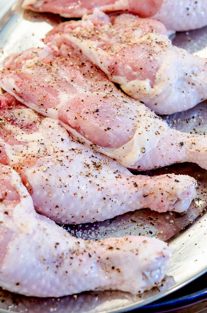 Oven baked chicken legs need minimal seasoning- salt and pepper will work fine.