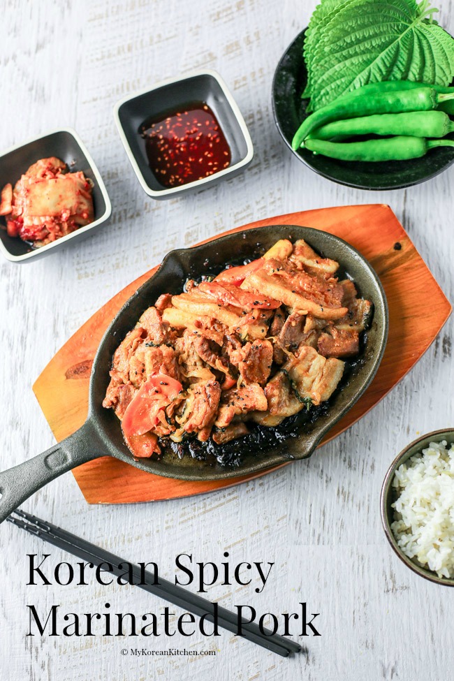 Korean spicy pork belly stir fry. Yummy. Which is why it is on our pork belly recipes roundup.