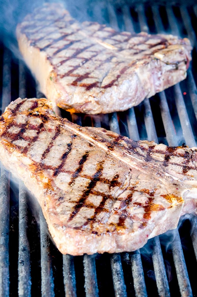 The porterhouse steaks are flash grilled over SUPER HIGH heat for about 20 seconds a side.