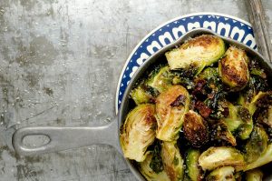 Oven roasted brussels sprouts with garlic, bacon and shallots. The combination is outrageously delicious.