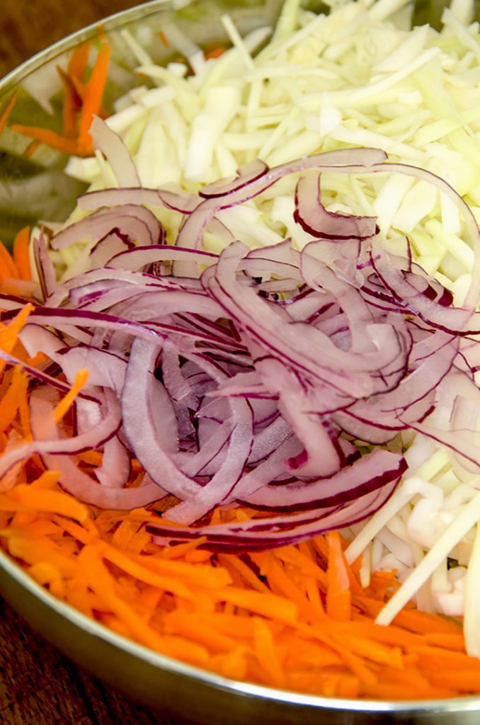 Thinly sliced red onion adds some delicious flavor to this simple coleslaw recipe.