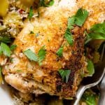 Delicious, tender baked chicken leg quarters with veggies. Fantastic for a quick weeknight dinner.