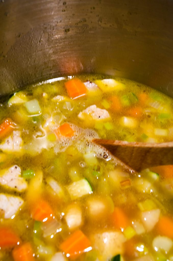 Step 4: Bring the chicken vegetable soup to a boil and then step down the heat to a simmer. Taste and adjust the seasonings now too! Just about ready to eat.