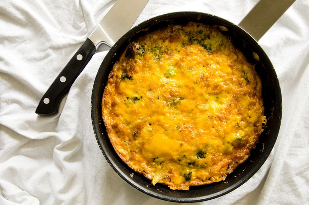 A delicious breakfast egg frittata with cheddar cheese, broccoli and bacon. Outstanding way to start the day.
