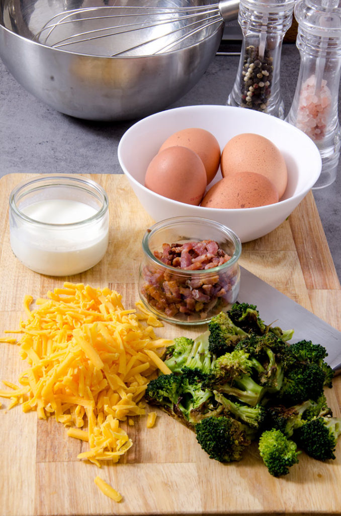 An egg frittata starts with excellent ingredients, like farm fresh eggs, bacon and good quality cheddar cheese.