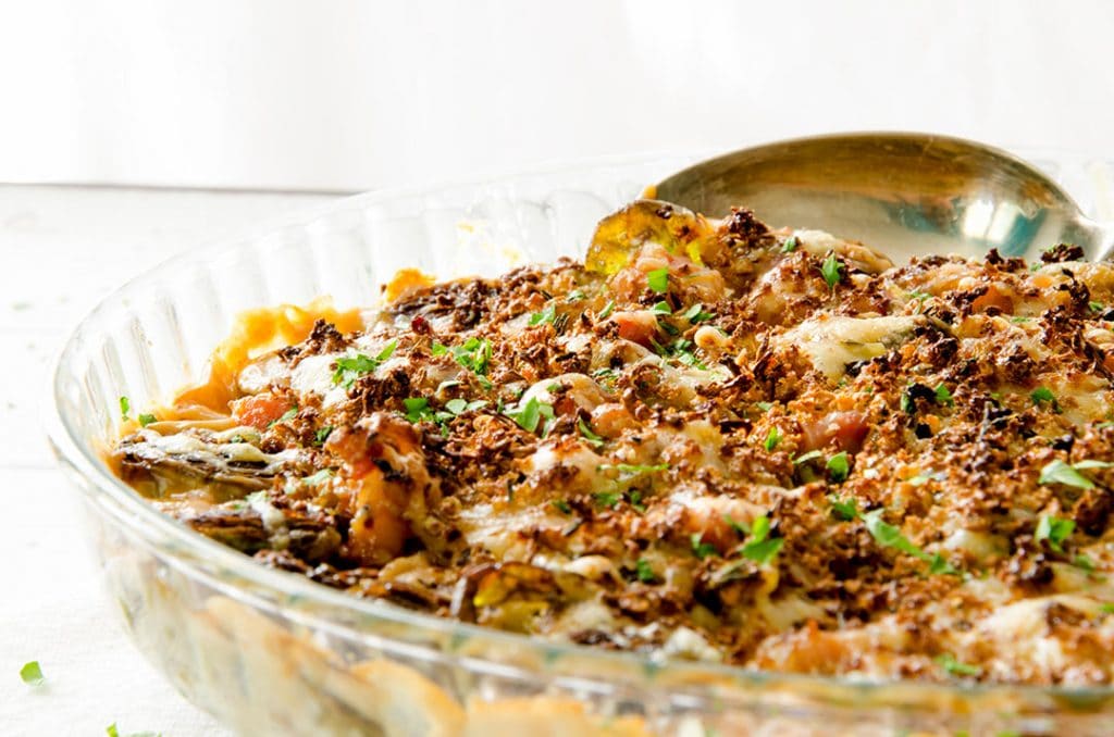 baked brussel sprouts are just delicious with a yummy cauliflower gratin topping!