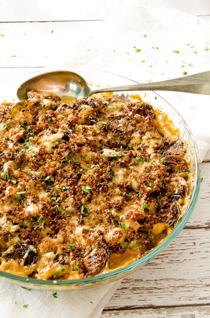 Baked brussel sprouts with gluten free cauliflower crumbs. So delicious!