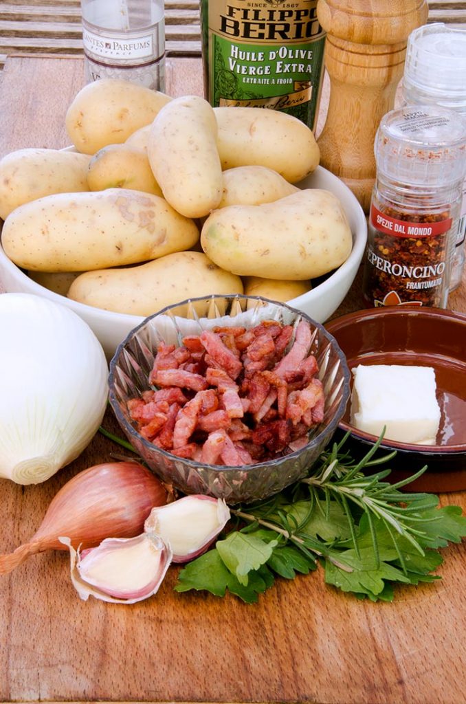 Homemade hash browns start with delicious, fresh ingredients like potatoes, onions, garlic, shallots, rosemary, parsley and bacon!