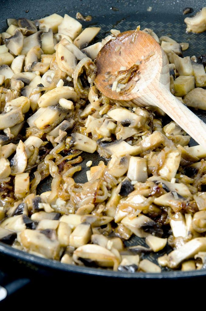 This beef stroganoff recipe starts with sauteed mushrooms, onions, shallots and garlic. Yum.