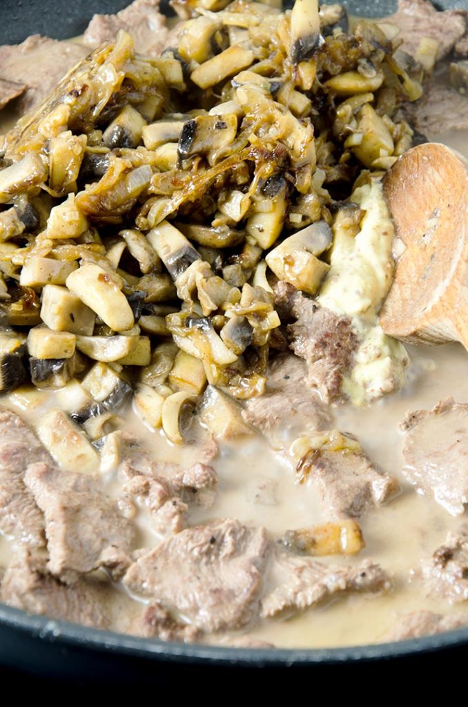 We will add beef stock, mustard, cream and sour cream to make this delicious beef stroganoff recipe.