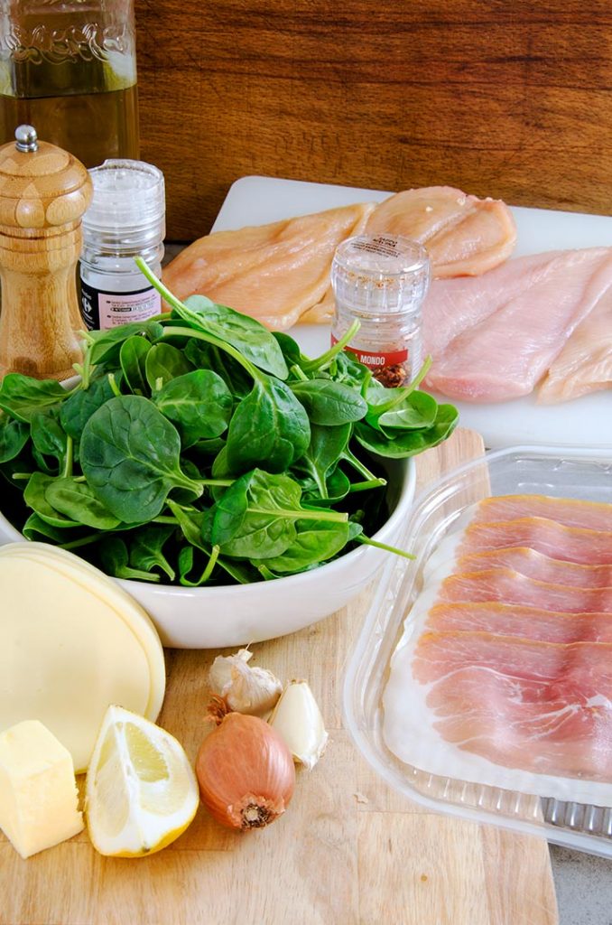 Gather up all your fresh ingredients for this yummy chicken saltimbocca recipe.