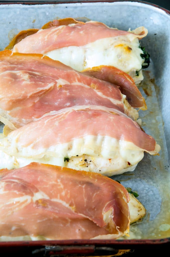 Chicken saltimbocca stuffed with spinach and topped with mozzarella and prosciutto. Super easy and delicious.