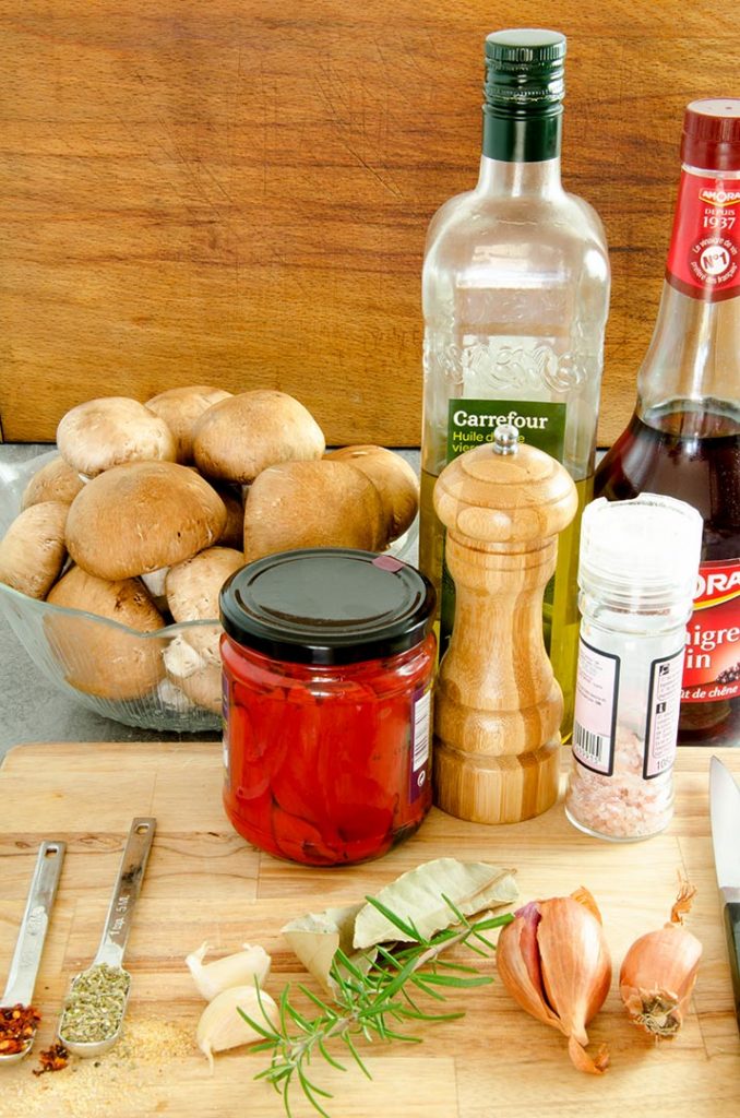 Gather up all the ingredients you will need for the marinated mushrooms.