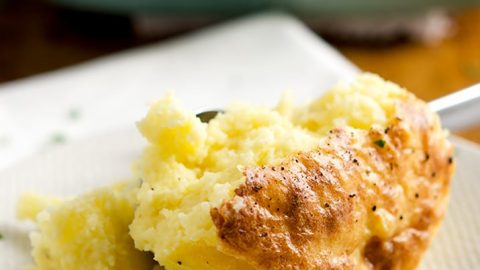 A delightful sight at any meal... this mashed potato recipe is golden, light, fluffy and has a delicious crunchy crust.