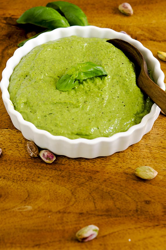 This pistacho pesto is made with basil, ricotta, pistachos, parmesan and more!