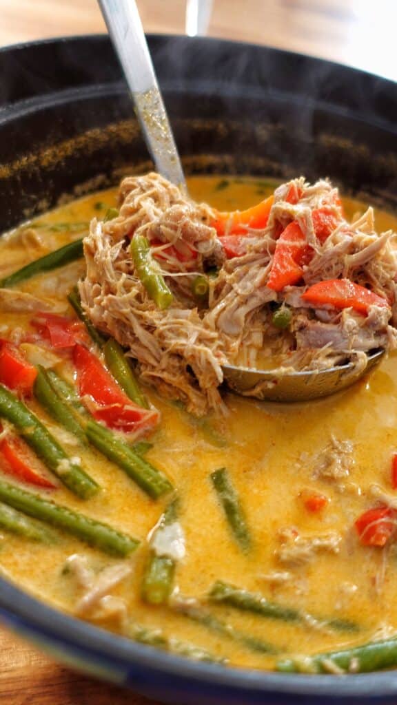 Image of a thai red curry soup recipe with the soup in a ladle