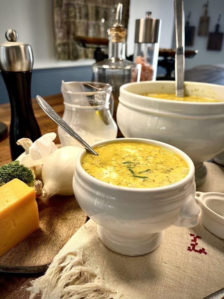 Vertical image of broccoli cheese soup recipe.