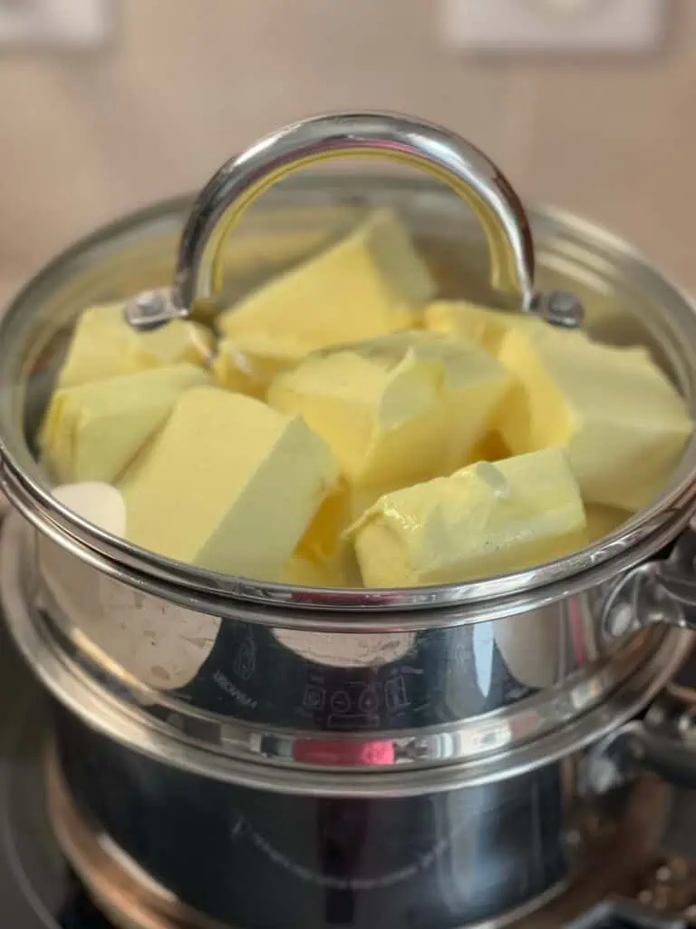 Double boiler full of butter to make clarified butter