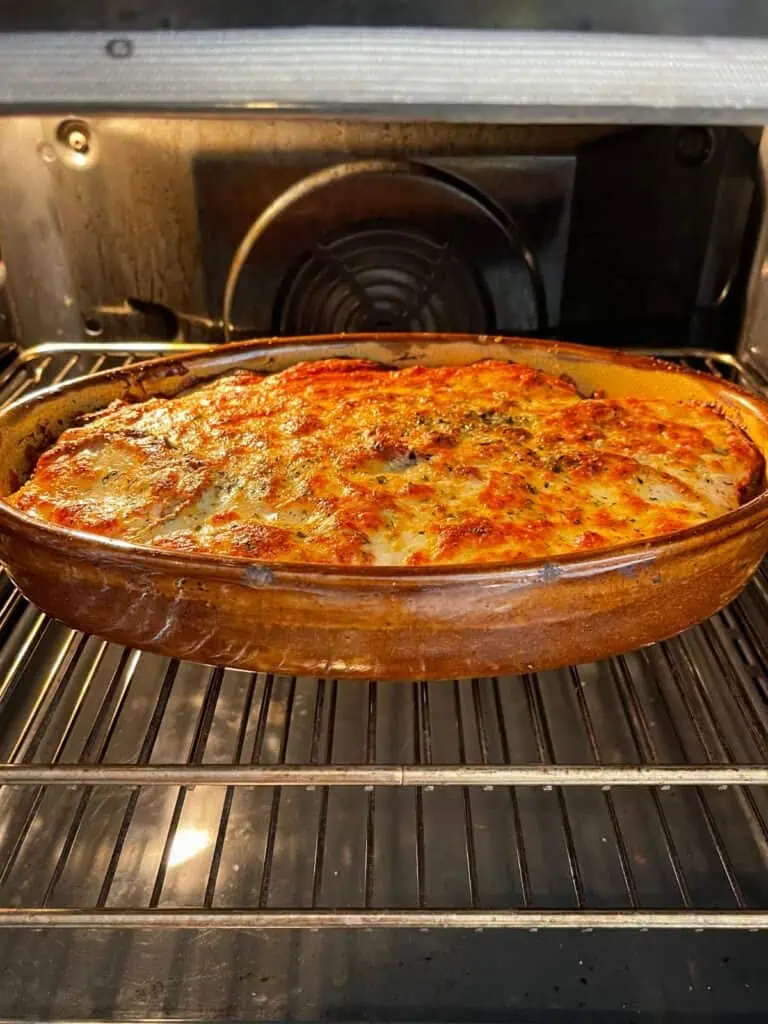 Keto eggplant Parmesan roasting in the oven