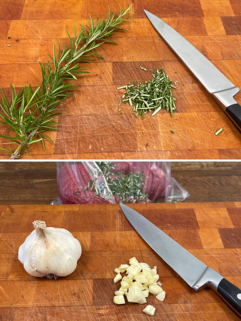 Collage of ingredients being chopped in preparation for steak marinade