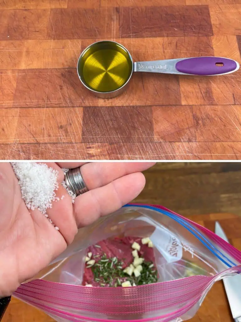 Collage of ingredients being added to bag for steak marinade