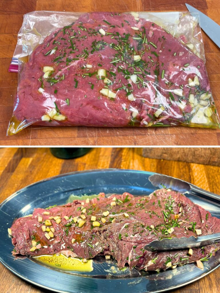Collage of Steak marinating and marinated steak