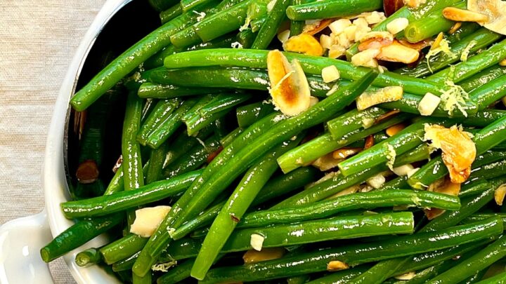 French haricots verts in a white baking dish featured image