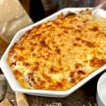 Low carb Meatball parm served in a baking pan featured image
