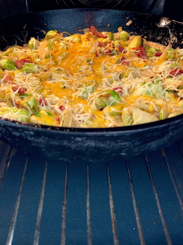 Cheesy brussel sprout casserole in oven